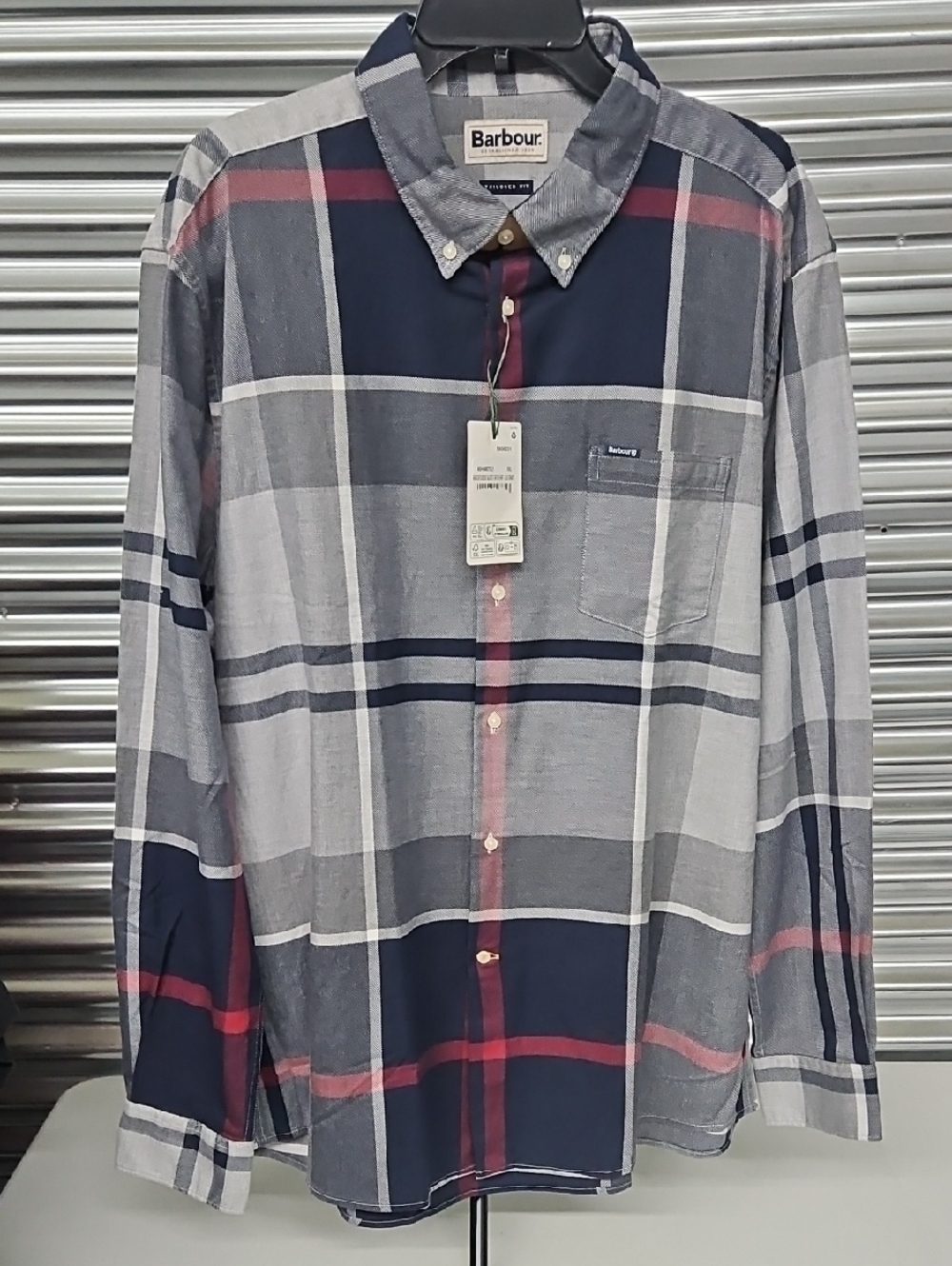 Barbour Men’s Navy, Gray and Red Plaid Button-Down Shirt